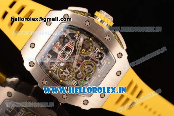 Richard Mille RM11-03 Swiss Valjoux 7750 Automatic Steel Case Skeleton Dial With Arabic Numeral Markers Yellow Rubber Strap(KV) - Click Image to Close